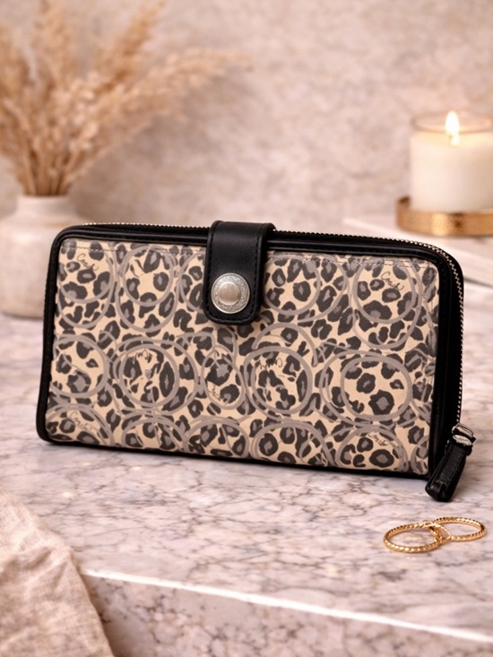 Coach Handbags - Coach Brown Black Leopard Signature Wallet Zip Around Clutch